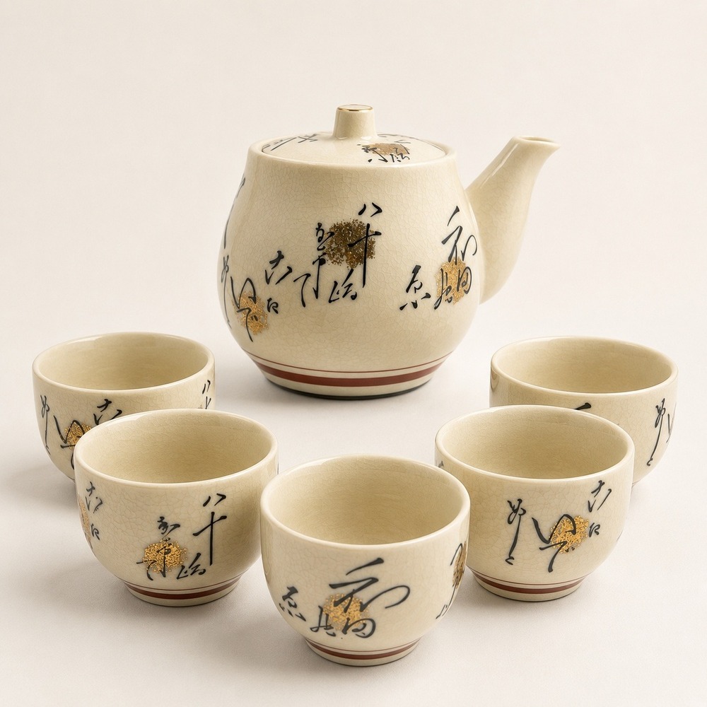 Vintage Japanese Ceramic Tea Set Kyusu Teapot‎ 5 Cups Ivory Crackle Calligraphy